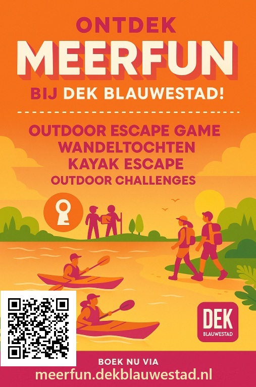 Ontdek MeerFun bij DEK Blauwestad Outdoor Escape Game Wandeltochten Kayak Escape Outdoor Challenge Oldambtmeer Groningen Nederland meerfun.dekblauwestad.nl met QR